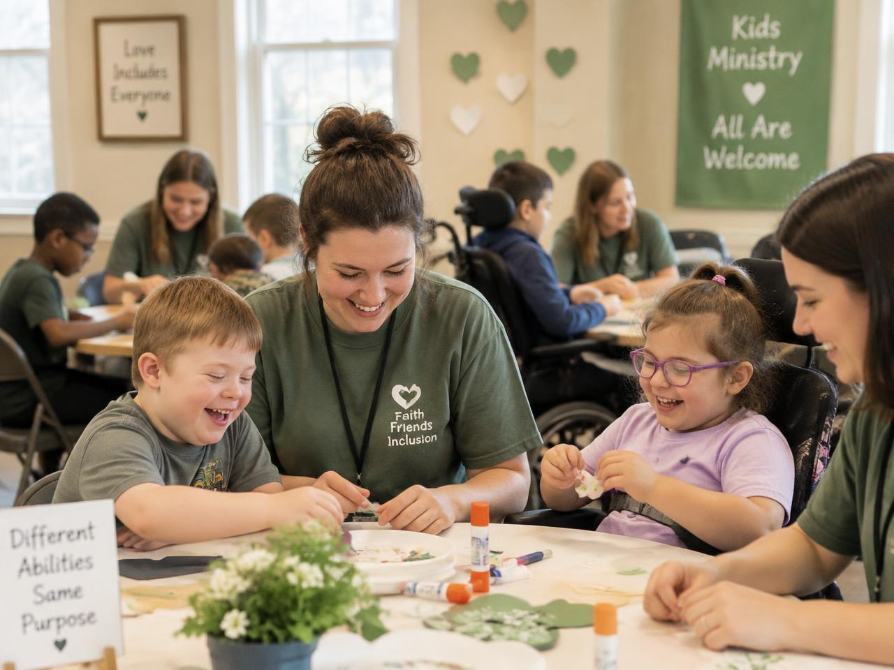 Volunteers and children enjoying a craft activity together at a ministry event