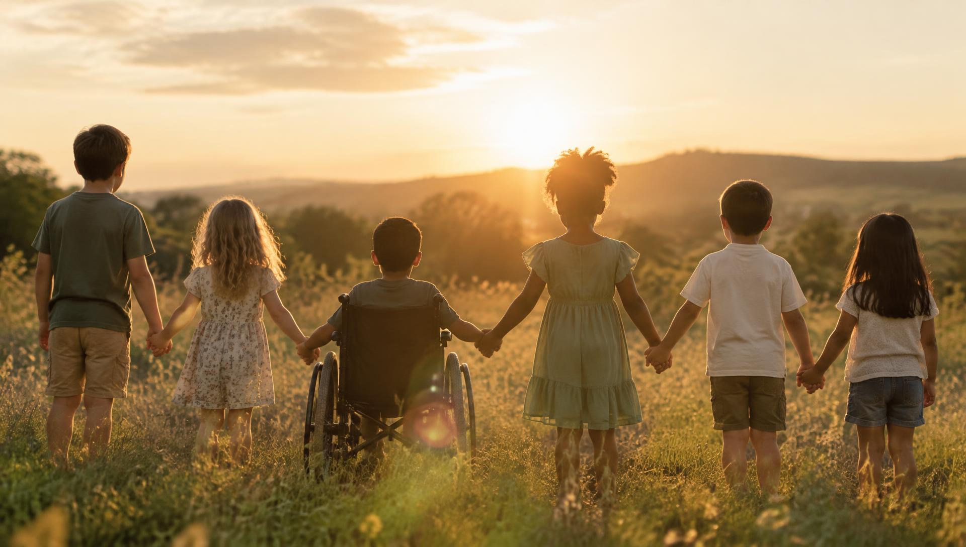Children holding hands in a field at sunset, one child in a wheelchair